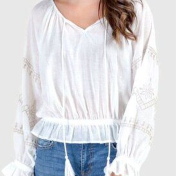 Lush Peasant Blouse WMNS L White Boho Cottagecore Feminine Ruffle V-Neck Top - Picture 1 of 14